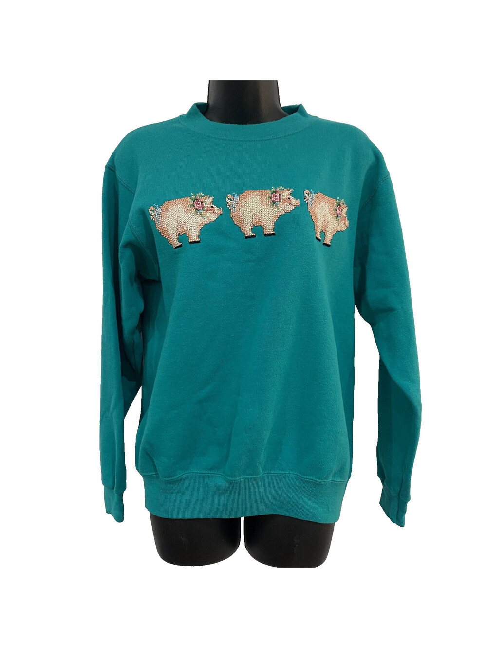 Vintage Hanes Sweatshirt Adult Size M Pigs Teal Embroidered Collar Mock Neck